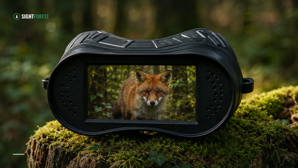 Digital night-vision binoculars resting on a log in the forest