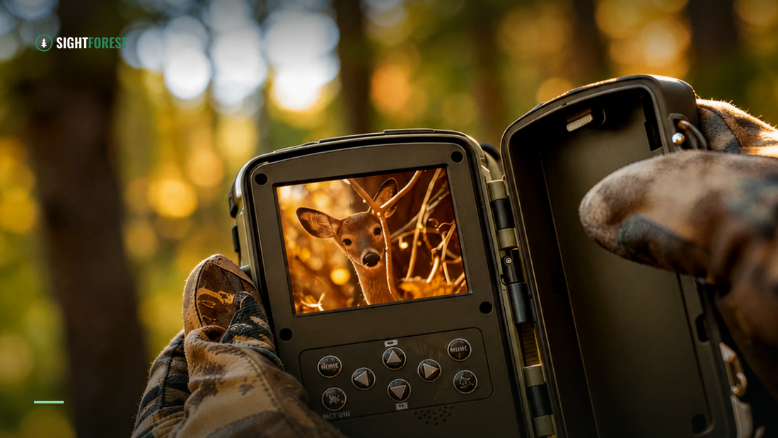 Trail camera on a tree in autumn woodland during pre-season scouting