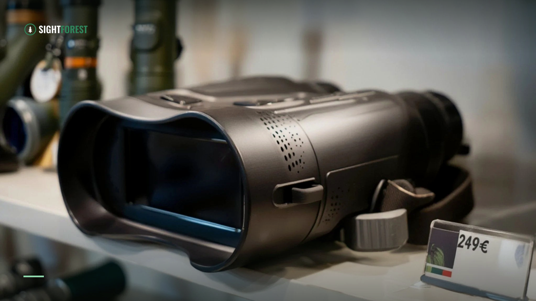 Night-vision binoculars used to glass distant woodland