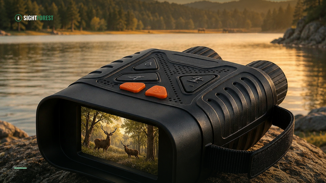 Digital night-vision binoculars at dusk by a forest lake