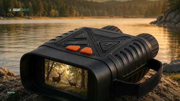Digital night-vision binoculars at dusk by a forest lake