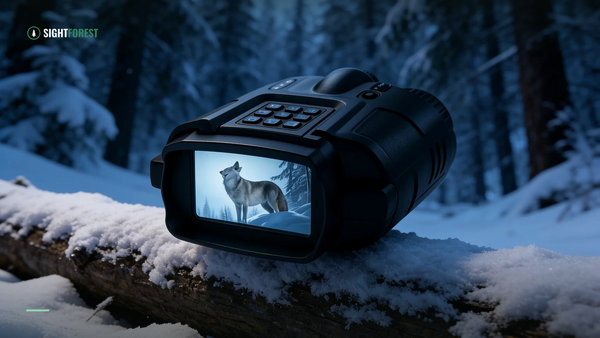Night-vision binoculars on a mossy log in green woodland