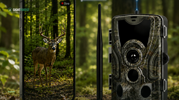 Hands setting up a 4G trail camera with the companion app on a phone