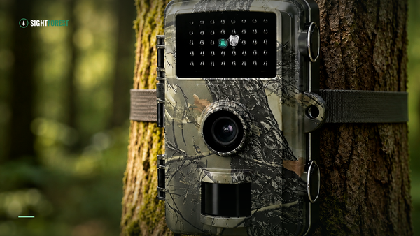 Trail camera capturing a deer mid-stride on a forest trail