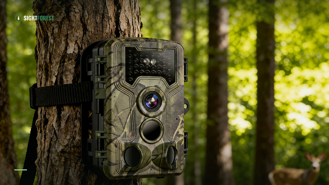 Trail camera with no-glow infrared night vision on a tree at dusk