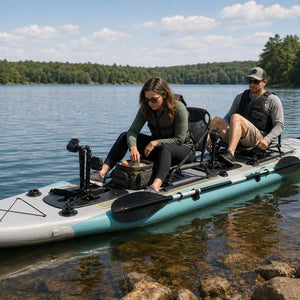 Two paddlers seated on the stable Drift Duo 420 inflatable kayak