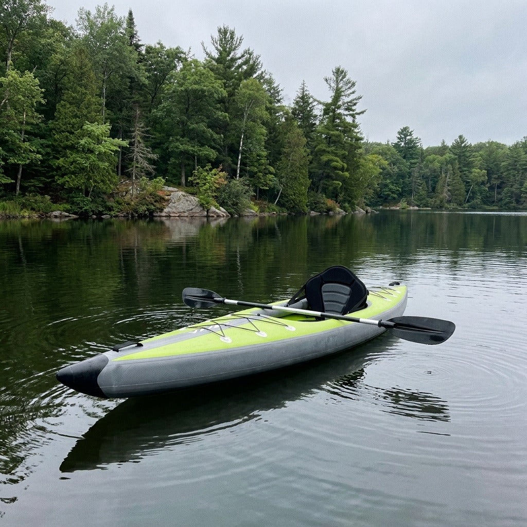Lime-green drop-stitch inflatable kayak on a calm forest lake