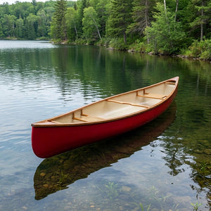 Classic red canoe on a calm lake