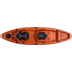 Tandem fishing kayak top-down deck layout
