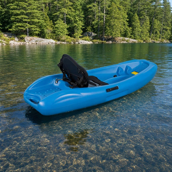 Kids kayak on a calm lake