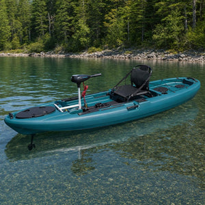 Motor-ready pedal fishing kayak on a calm lake