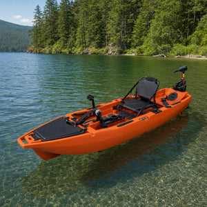 Modular two-piece fishing kayak on a calm lake