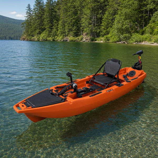 Modular two-piece fishing kayak on a calm lake