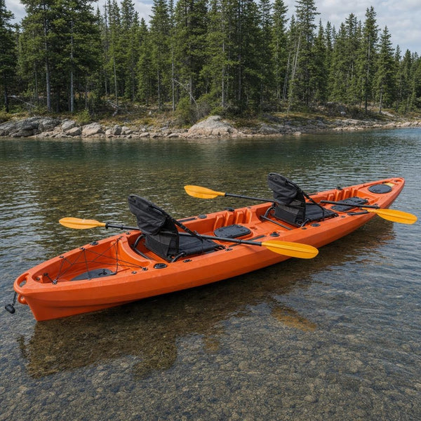 Tandem fishing kayak on a calm lake