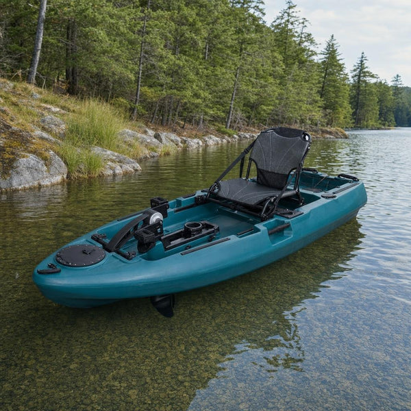 Compact pedal fishing kayak on a calm lake