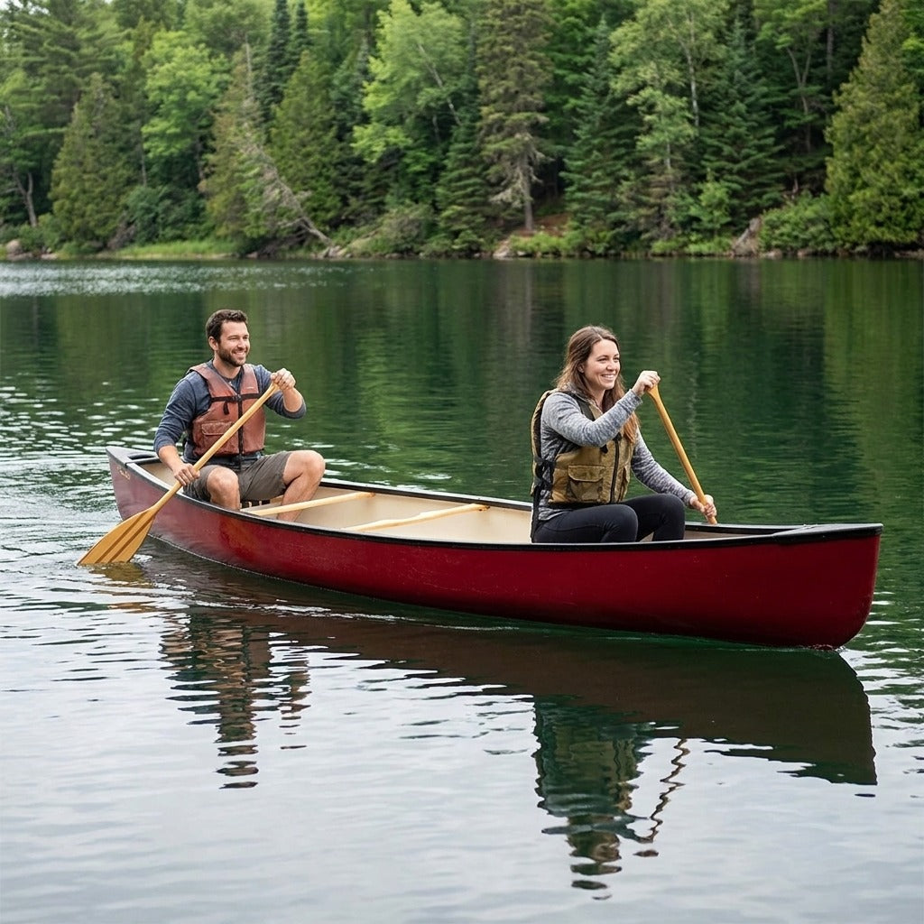 Paddling the classic red canoe