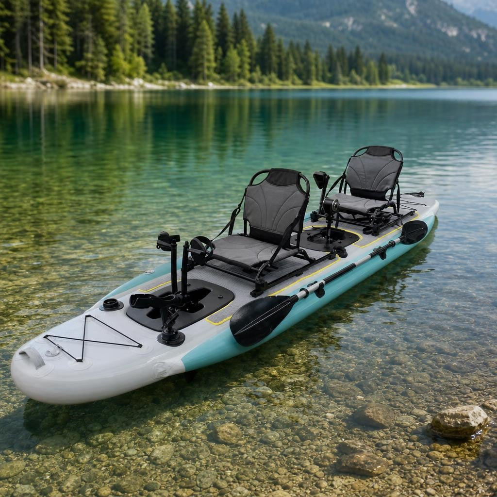 SightForest Drift Duo 420 tandem pedal kayak on a clear alpine lake